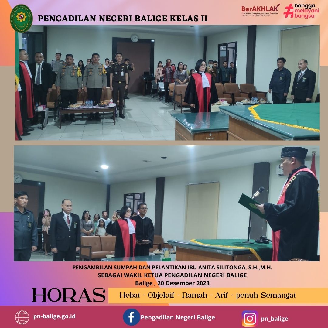 PENGAMBILAN SUMPAH DAN PELANTIKAN IBU ANITA SILITONGA, S.H.,M.H.  SEBAGAI WAKIL KETUA PENGADILAN NEGERI BALIGE